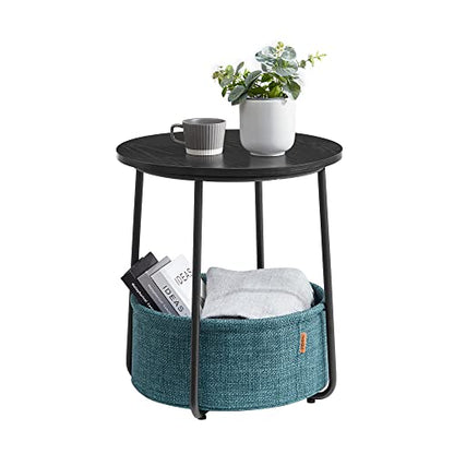 VASAGLE Side Table Round, Small Table, Small Coffee Table, Living Room Table, Fabric Basket, Storage for Living Room or Bedroom, Modern Nightstand, Ebony Black and Turquoise Blue LET223B56