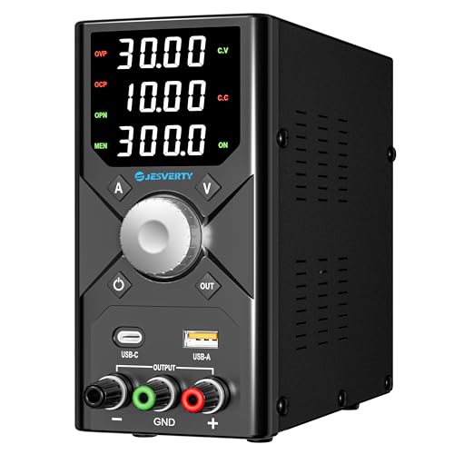 Jesverty Lab Power Supply 0-30V 0-10A, adjustable DC regulated bench power supply with encoder knob, USB-A and USB-C fast charging, 4-digit LED display, preset memory - SPS-3010X
