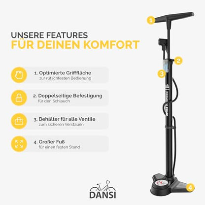 DANSI bicycle pump I floor pump suitable for all common valves including gauge & adapters I bike pump, air pump (Comfort)