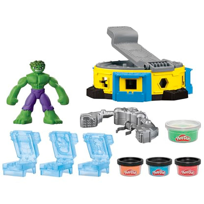 Play-Doh Marvel Hulk Smash & Squeeze Fun, action figure and 3 x 28g cans and 1 x 56g can, dough press and molds, creative fun for kids ages 3 and up.
