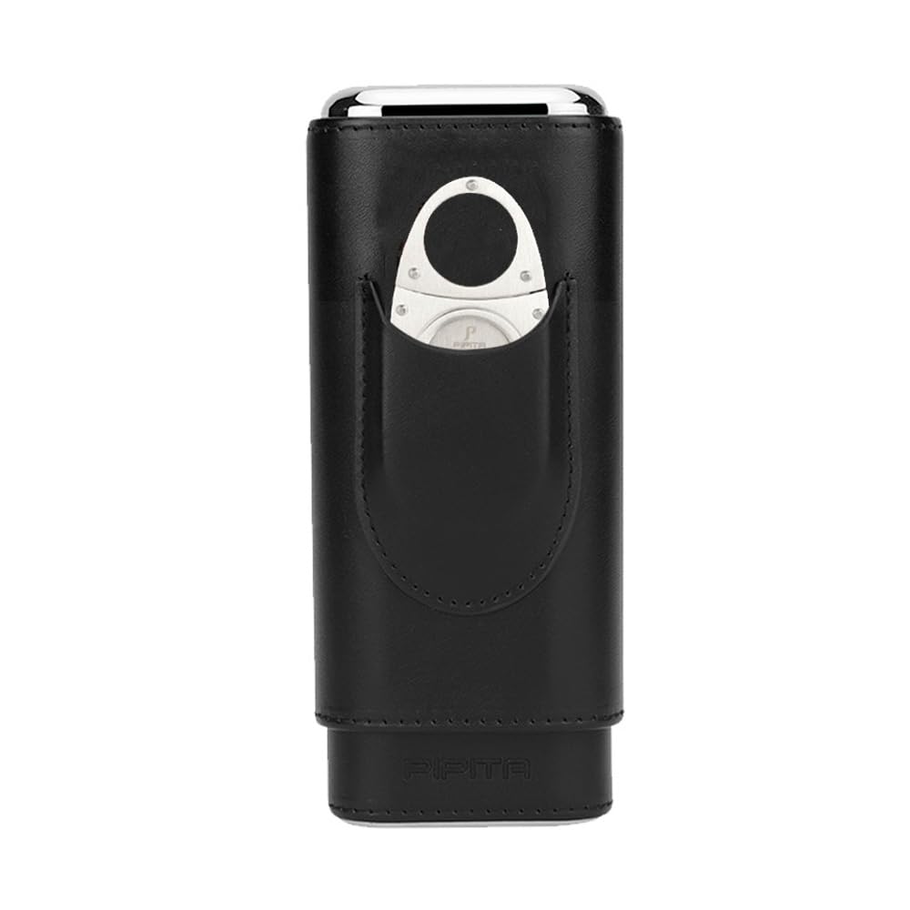PIPITA Cigar Case Portable Travel 3 Tubes Elegant Cigar Humidor made of leather with high-end stainless steel cigar cutter Portable Gift Bag