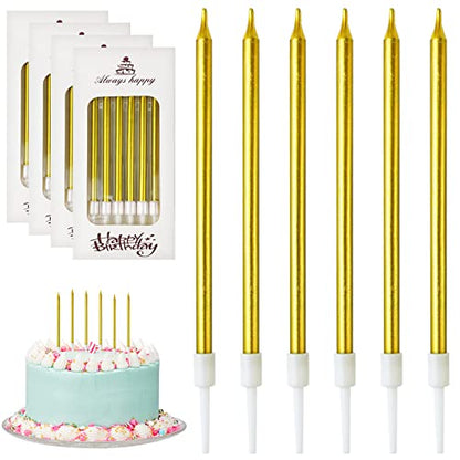 DONQL Birthday Candles, tall cake candles, long birthday candles, thin cupcake candles with holders for birthday cake, baby shower, cakes, wedding, party decoration (24 pieces, gold)