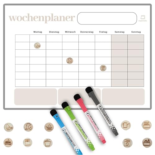 Organizely Magnetic Weekly Planner | Whiteboard for Fridge | Erasable Board for Organization | Includes 4 Markers & 10 Magnetic Wood Icons (Beech)