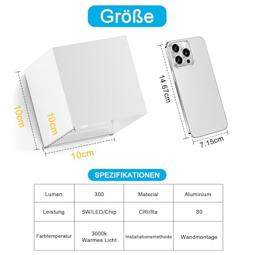 Aipsun 2 pcs LED battery wall light with motion sensor in white, wireless wall lamp with 5500mAh battery, 5W, glow on top and bottom, 2700K warm white, for indoor use.