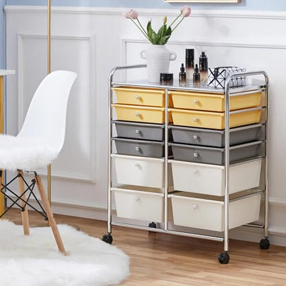Yaheetech Kitchen Trolley on Wheels, Rolling Kitchen Cart with 12 Stackable Drawers, Utility Cart for Bathroom, Kitchen, Office, Makeup, 63 × 38.5 × 82 cm, Yellow/Gray/Beige.