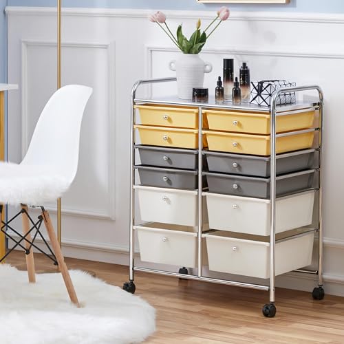 Yaheetech Kitchen Trolley on Wheels, Rolling Kitchen Cart with 12 Stackable Drawers, Utility Cart for Bathroom, Kitchen, Office, Makeup, 63 × 38.5 × 82 cm, Yellow/Gray/Beige.