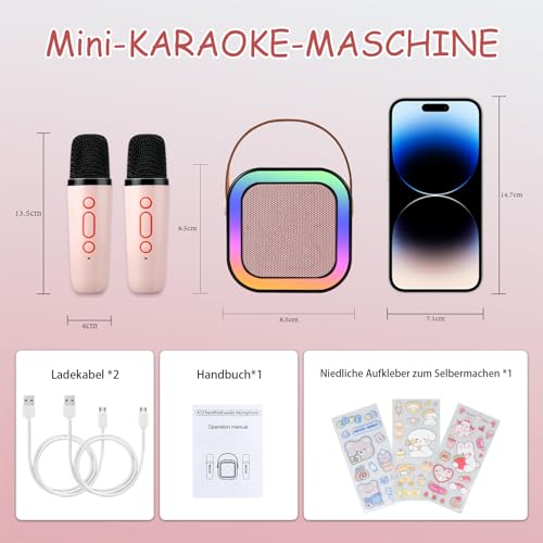 LAMJAD Karaoke Machine for Kids with 2 Wireless Microphones, Portable Bluetooth KTV System with LED Lights and Voice Effects, Gifts for Ages 3-12 Children (Pink)