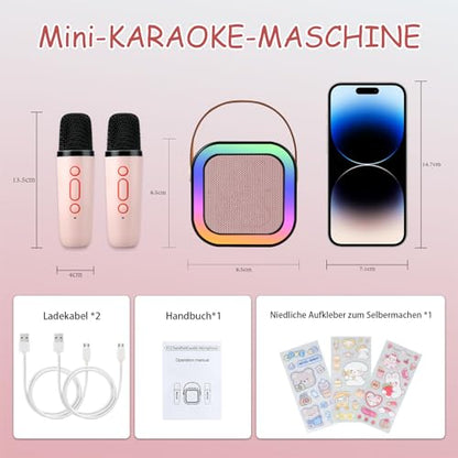 LAMJAD Karaoke Machine for Kids with 2 Wireless Microphones, Portable Bluetooth KTV System with LED Lights and Voice Effects, Gifts for Ages 3-12 Children (Pink)