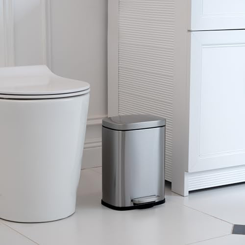 Amazon Basics Mini Waste Bin, rectangular, dirt-repellent, with soft-close foot pedal, brushed stainless steel, for bathrooms and small spaces, 5 liters, satin finish, 18.5 x 21.6 x 29.9 cm (L x W x H)
