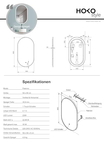 HOKO Design LED light mirror oval 50x90 cm / 90x50 cm Palermo with black metal frame. Mountable vertically or horizontally. LED illuminated bathroom wall mirror, touch switch + light change warm white - cool white - neutral.