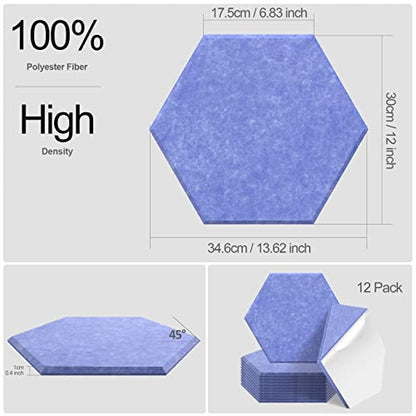 JBER hexagon acoustic panels, soundproof foam panels, self-adhesive, 35.6 x 30.5 x 1cm, high-density sound-absorbing panels for acoustic treatment, home office, 12 pieces (Navy Blue)