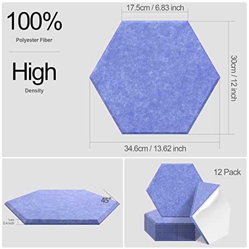 JBER hexagon acoustic panels, soundproof foam panels, self-adhesive, 35.6 x 30.5 x 1cm, high-density sound-absorbing panels for acoustic treatment, home office, 12 pieces (Navy Blue)