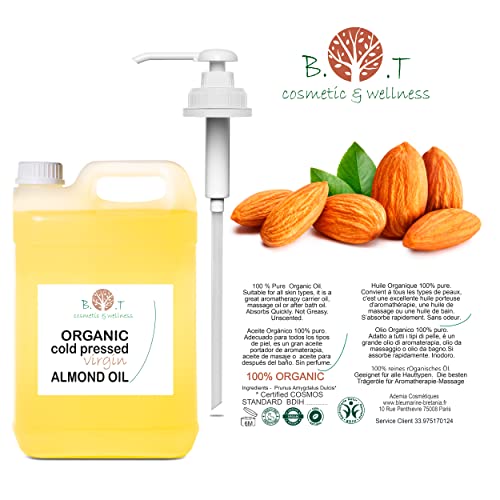 Almond Oil ORGANIC Pure, Cold Pressed, Natural. Cosmetic Massage Oil, Hair and Beard Oil, Body Oil, Anti-Wrinkle Facial Oil, Stretch Marks, Nails, Almond Oil Baby, Scalp Oil - 5000 ml