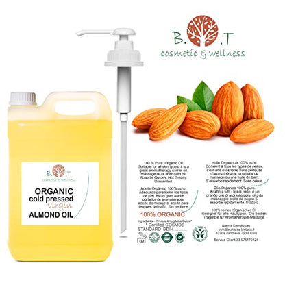 Almond Oil ORGANIC Pure, Cold Pressed, Natural. Cosmetic Massage Oil, Hair and Beard Oil, Body Oil, Anti-Wrinkle Facial Oil, Stretch Marks, Nails, Almond Oil Baby, Scalp Oil - 5000 ml