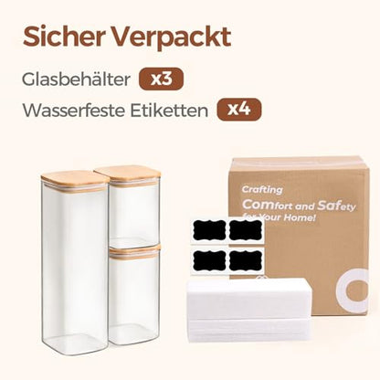 ComSaf 800ml/1100ml/2100ml Glass Food Storage Containers with Lid 3-Pack, Φ10cm. Airtight glass jars with lids for kitchen ingredients. Square glass containers for pasta, flour, cereal, sugar.