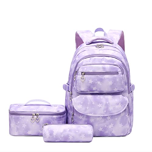 Tanou school backpack for girls 3 pcs with lunch bag pencil case, breathable lightweight school bag for teenage girls 3-9 grade, 22 liters backpack for travel, purple