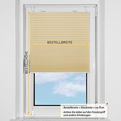 BelleMax pleated blind without drilling, thermal pleated roller blind with clamp fixation, light beige 45x140cm (WxH), blackout pleated blind 100% lightproof for windows, opaque privacy sun protection