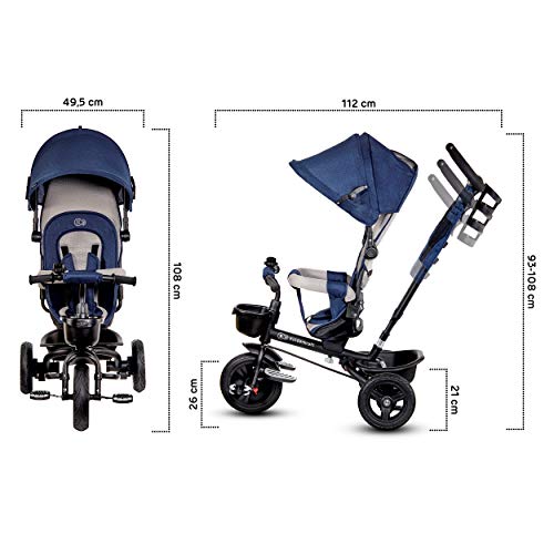 Children's trike 6 in 1 AVEO, kids tricycle, jogger with accessories, foldable, sunroof, handlebars, puncture-proof wheels, rubber wheels, from 9 months to 5 years, accessories, navy blue