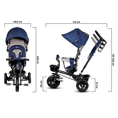 Children's trike 6 in 1 AVEO, kids tricycle, jogger with accessories, foldable, sunroof, handlebars, puncture-proof wheels, rubber wheels, from 9 months to 5 years, accessories, navy blue