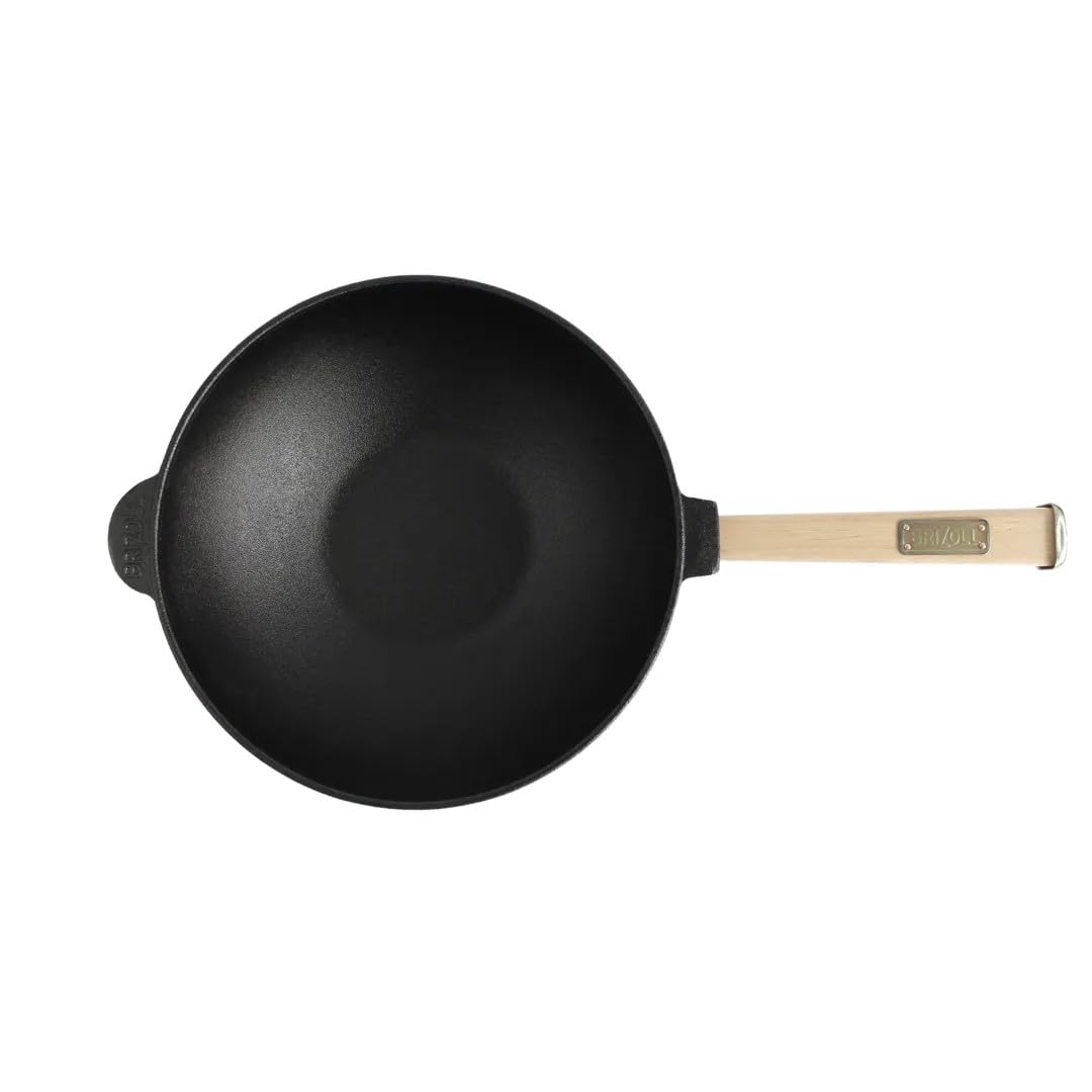 4BIG.fun Wok pan with wooden handle 24 cm made of cast iron Wok 2.2 L Outdoor frying pan Camping grill pan Cooking utensils Cast Iron Wok pan Cast Iron pan Induction