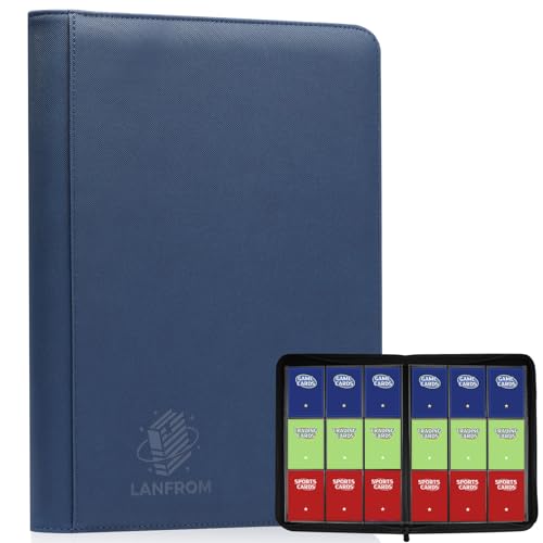 Collectible card folder with sleeves, premium folder with double-sided PU pockets, fully fillable, organizer for collectible cards for MTG, TCG, sports cards, playing cards, with 9 pockets, blue