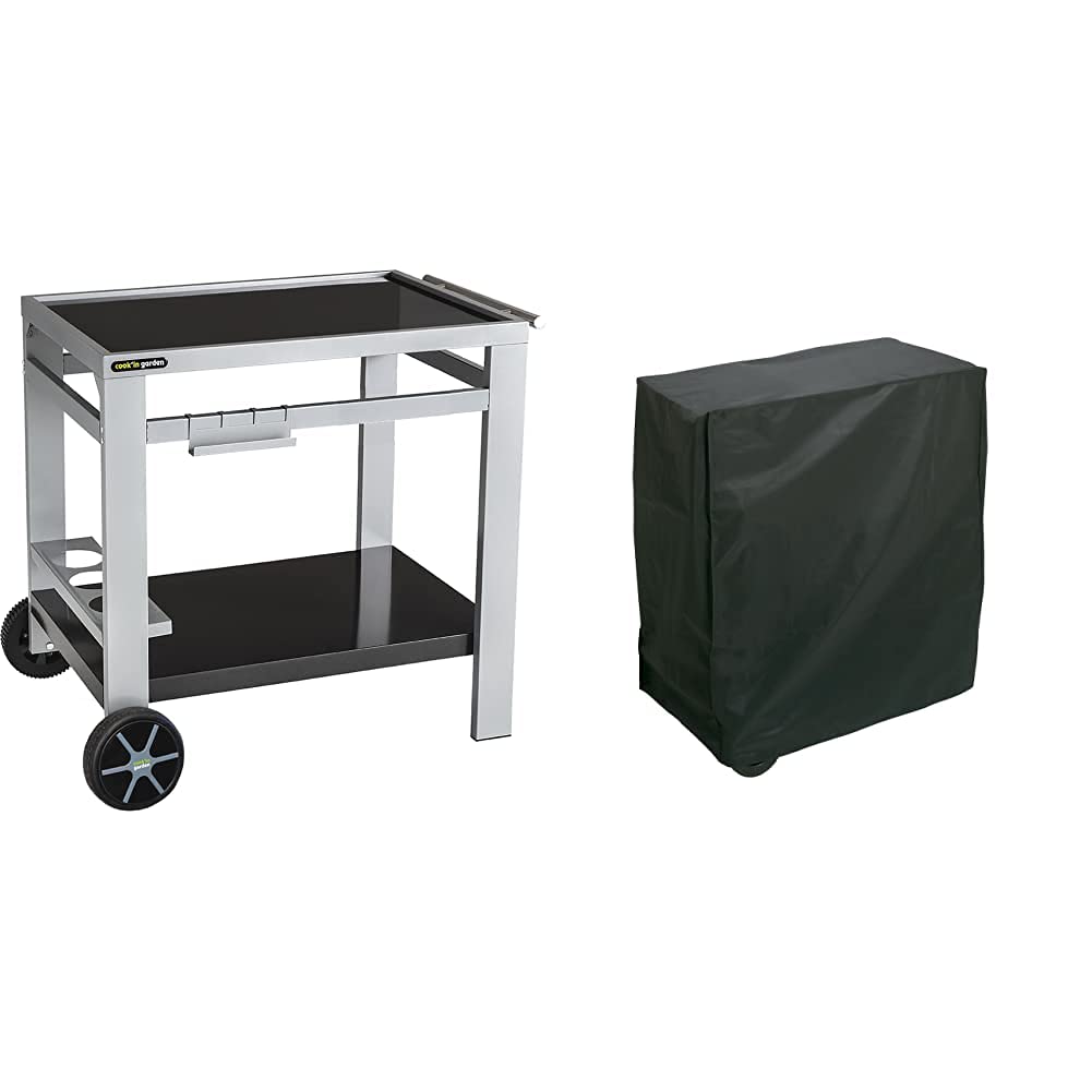 Cook'in Garden Media M garden cart for grill/plancha/worktop - L 93.5 × W 67 × H 80.5 cm & Rayen AA236 grill cover, rectangular, PEVA (Polyethylene-Vinyl Acetate), Black, 90 x 65 x 90 cm