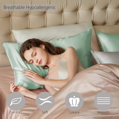 Townssilk 100% 19mm pure mulberry silk pillowcase, silk on both sides, for hair and skin health, silk pillowcase with hidden zipper, 600 thread count, 1 piece, 50x60cm, Light Green.