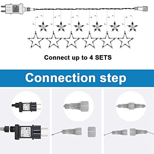 12 star LED string lights, curtain of lights, Christmas lights, star curtain with 138 LEDs, 8 modes for indoor and outdoor use, perfect for Christmas, parties, decorations, weddings, gardens, and balconies.