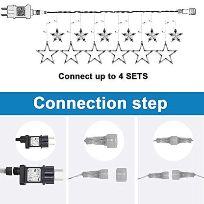 12 star LED string lights, curtain of lights, Christmas lights, star curtain with 138 LEDs, 8 modes for indoor and outdoor use, perfect for Christmas, parties, decorations, weddings, gardens, and balconies.