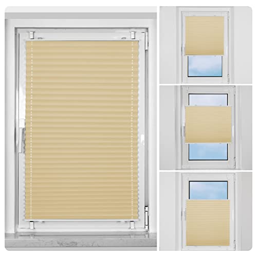 BelleMax pleated blind without drilling, thermal pleated roller blind with clamp fixation, light beige 45x140cm (WxH), blackout pleated blind 100% lightproof for windows, opaque privacy sun protection