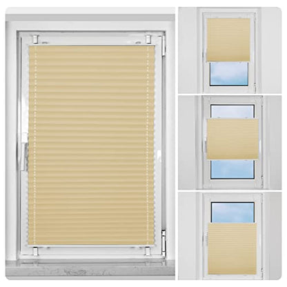 BelleMax pleated blind without drilling, thermal pleated roller blind with clamp fixation, light beige 45x140cm (WxH), blackout pleated blind 100% lightproof for windows, opaque privacy sun protection