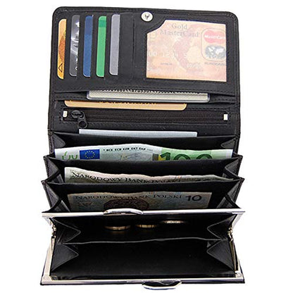 Women's long wallet made of leather with snap closure. Ideal for storing money and cards. (Green)