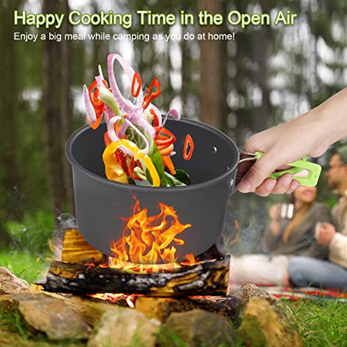 AUTOPkio Camping Cookware Set, 14-Piece Camping Pots Outdoor Cooking Pot with 0.8L Teapot 2 Cups Foldable Utensils Aluminum Picnic Pot for 2-3 People Hiking BBQ (Set with Cups)