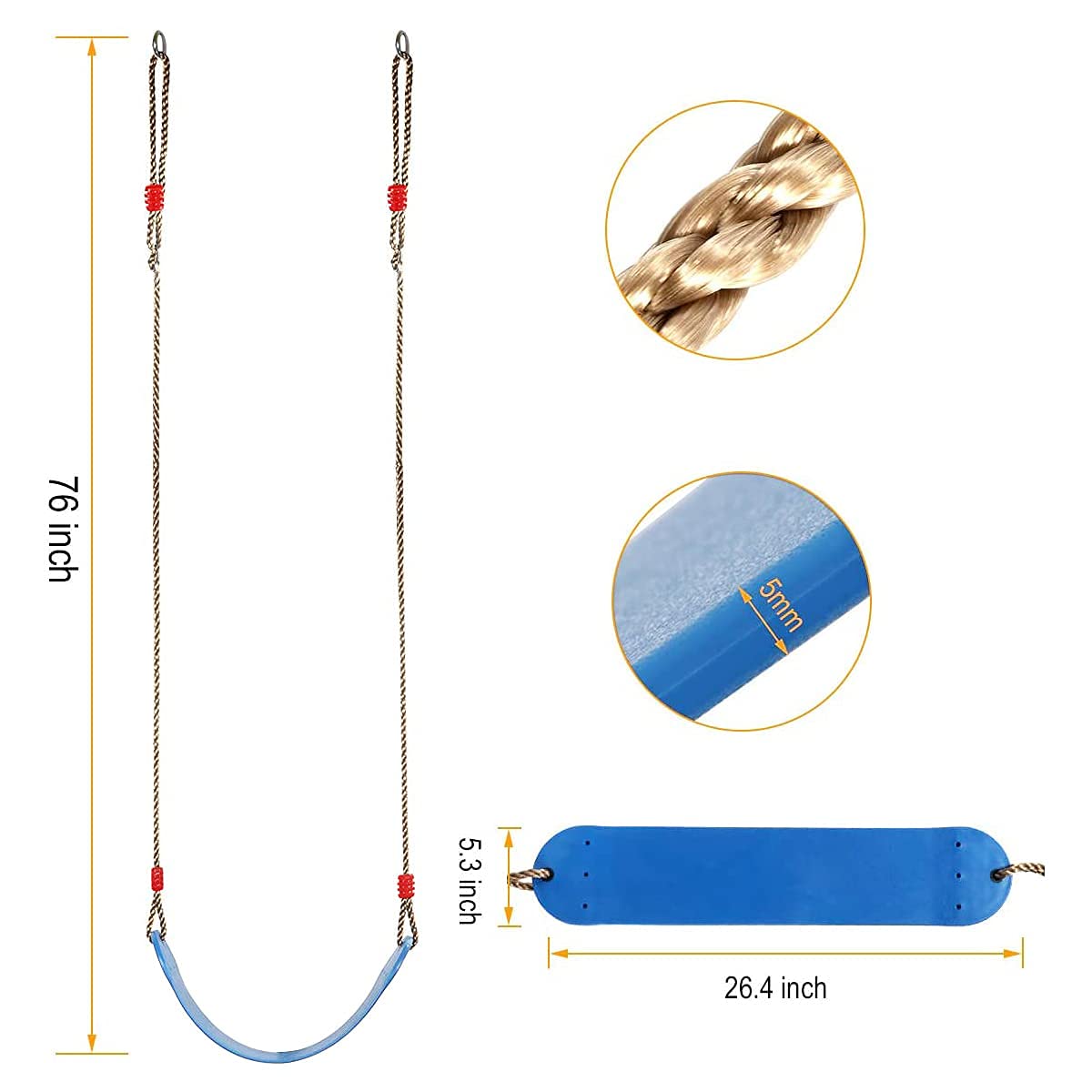 Braoses Elastic Kids Swing Color Eva Soft Board U-Swing Board Swing Seat Swing board Holds up to about 150kg Swing for Kids Garden Outdoor (Blue)