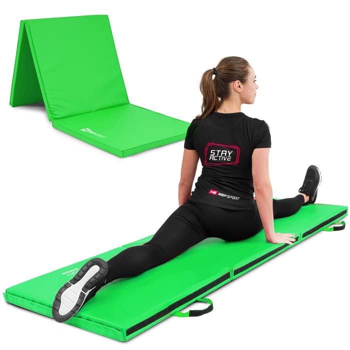Hop-Sport folding gymnastics mat - ground cushion for home 180x60x5cm - fitness mat, gymnastics mat with carrying handles and Velcro closure thickness 4cm / 5cm (green)