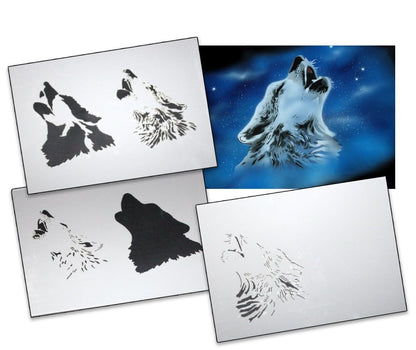 AS-351 Wolf/Mountains Step by Step Airbrush Stencil Set Size S