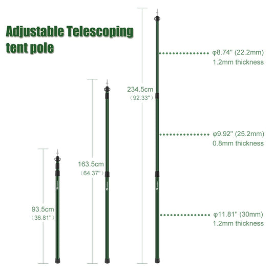 Tent poles, camping poles for tarps, awnings, canopies, porches, sun sails. Headroom, aluminum, adjustable telescopic, 90-230 cm (Silver).