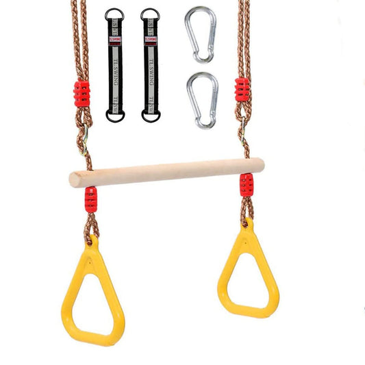 Morwealth Multifunctional Kids Wooden Trapeze Swing with Plastic Rings Gymnastic Rings for Hanging Supports up to 120KG for Indoor and Outdoor Use (Yellow)