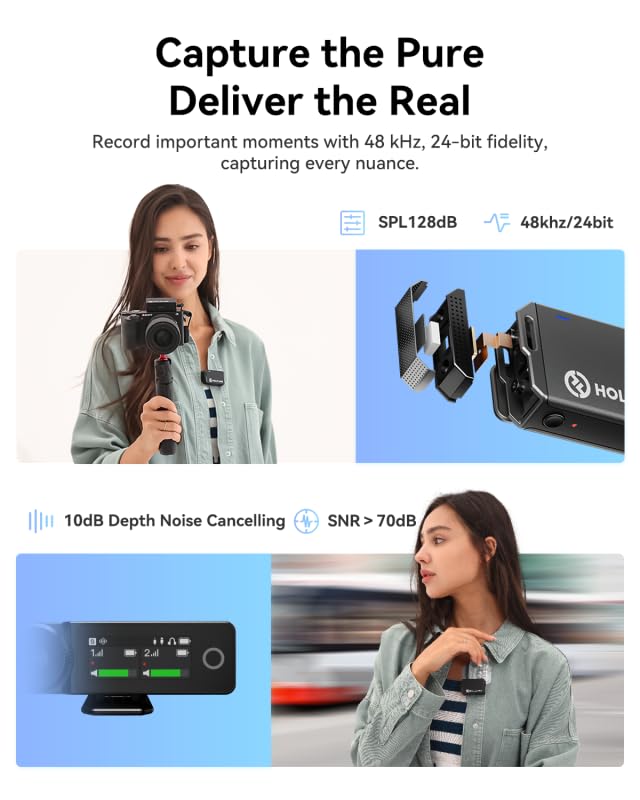 Hollyland Lark MAX wireless lavalier microphone features 48kHz/24-bit audio quality, ENC anti-noise technology, 22-hour battery life, 250m range, 8GB storage. Perfect for DSLR cameras, smartphones, iPhones, and PCs.