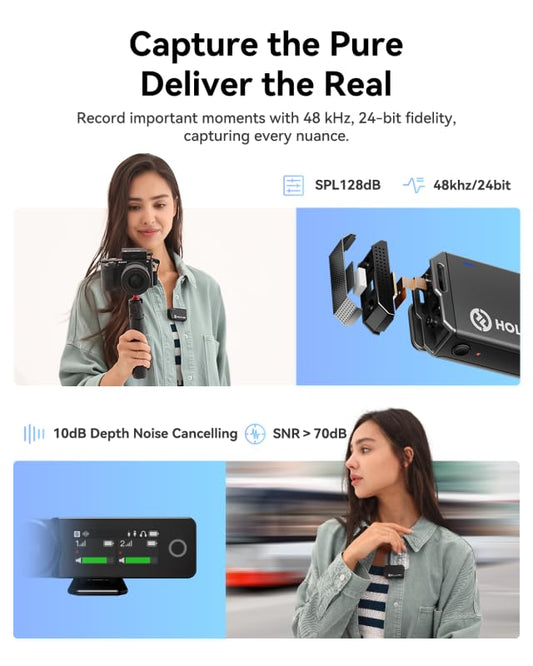 Hollyland Lark MAX wireless lavalier microphone features 48kHz/24-bit audio quality, ENC anti-noise technology, 22-hour battery life, 250m range, 8GB storage. Perfect for DSLR cameras, smartphones, iPhones, and PCs.
