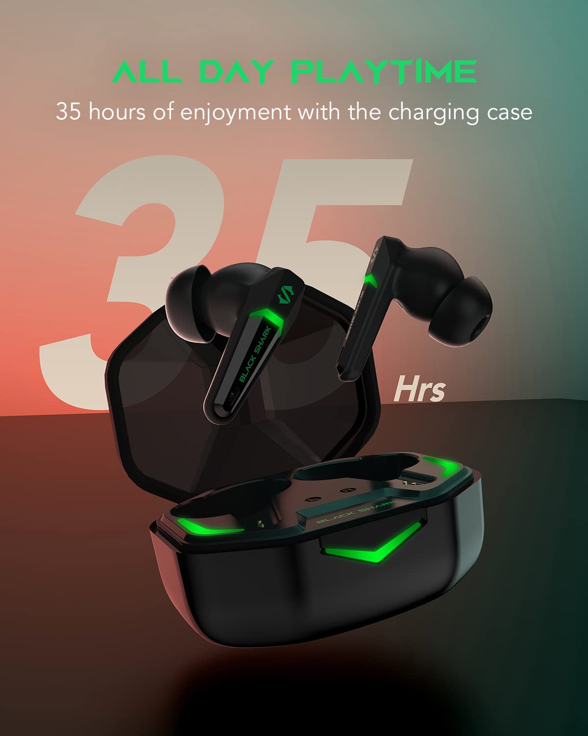 Black Shark wireless Bluetooth headphones with ultra-low latency of 55 ms, Bluetooth 5.2 gaming earbuds with dual modes, 10mm drivers, 35h playtime, IPX4 waterproof, 4 microphones.