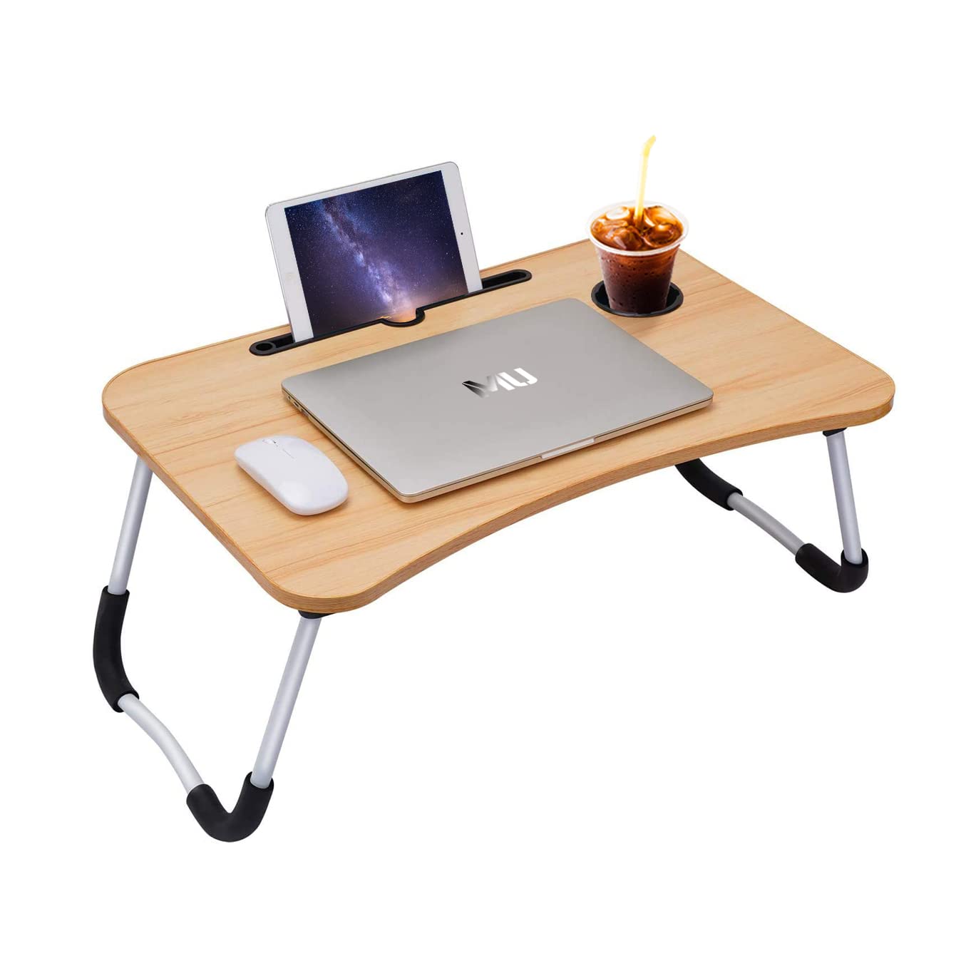 Laptop table, bed tray, portable laptop bed table, foldable, reading desk, breakfast board, notebook stand, book tray, for living room, office, and on the go, sofa floor | 60 x 40 cm, wood color