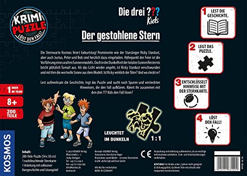 The Three Investigators Kids - Mystery Puzzle - The Stolen Star by KOSMOS 682200, 200 pieces, Glows in the Dark, Reading, Puzzling, Solving Riddles, Detective Puzzle for kids ages 8 and up.