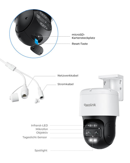 Reolink 4K 8MP PTZ PoE outdoor surveillance camera with dual-lens, 6X hybrid zoom, 355°/90° pan/tilt, auto-tracking, color night vision, person/vehicle/pet detection, 2-way audio, TrackMix PoE.