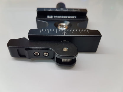 Matterport quick release camera clamp for tripods with adjustable lever knob.
