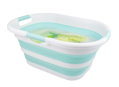 SAMMART foldable plastic laundry basket, 40L, collapsible pop-up storage container/organizer - portable wash tub - space-saving laundry hamper (1, White/Sea Green)