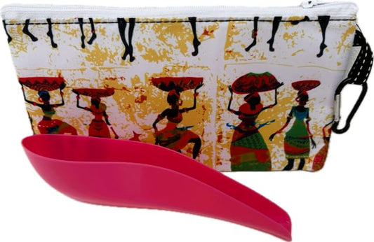Portable urinal with hard shell, storage bag, and carabiner (Pink + Africa).