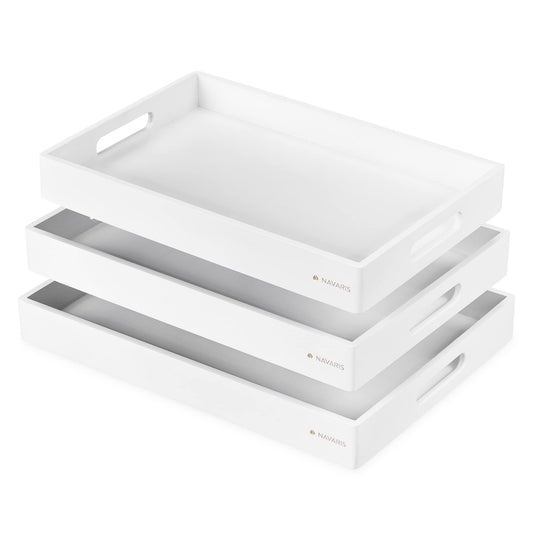Navaris Bamboo Serving Tray - Set of 3 stacking serving trays in rectangular shape for snacks, appetizers, coffee, and drinks.