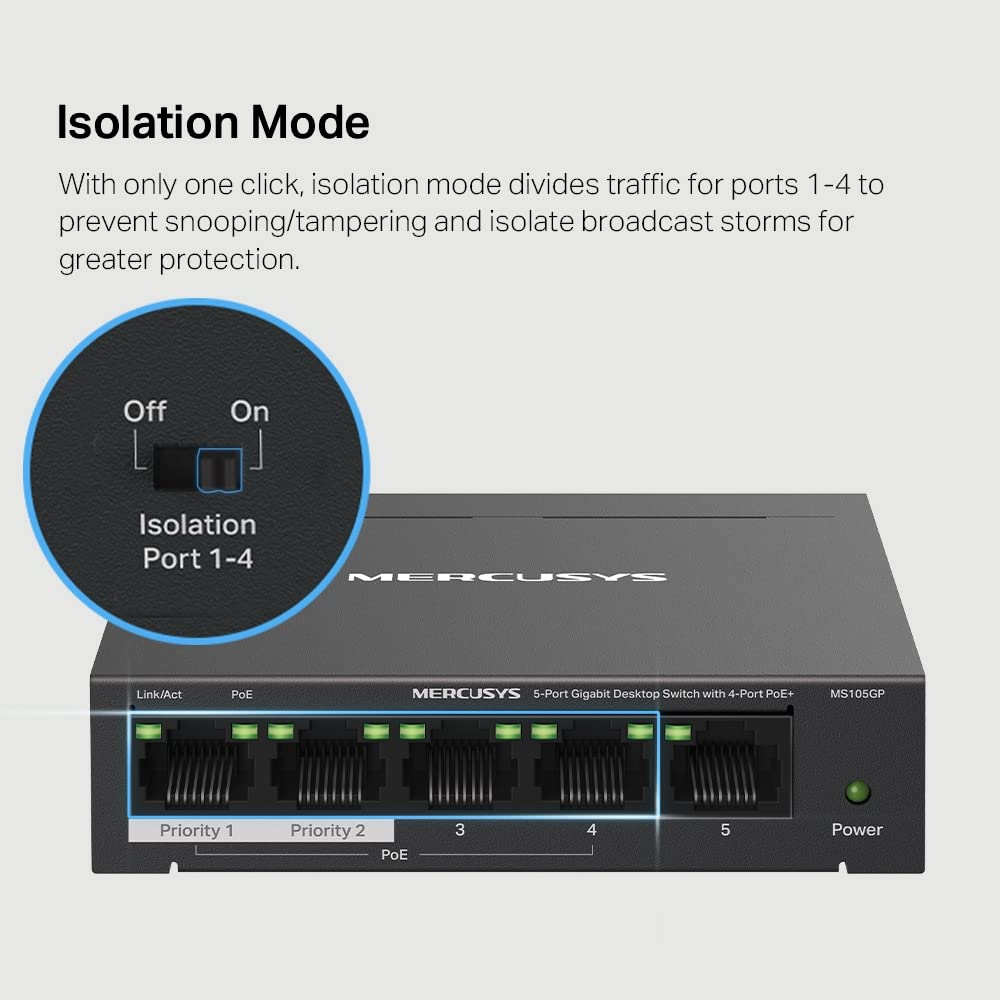 Mercusys MS105GP PoE Switch 5-Port Gigabit LAN Switch with 4 PoE+ Ports (65 Watts, IEEE 802.3af/at PoE, fanless, plug-and-play, sturdy metal housing)