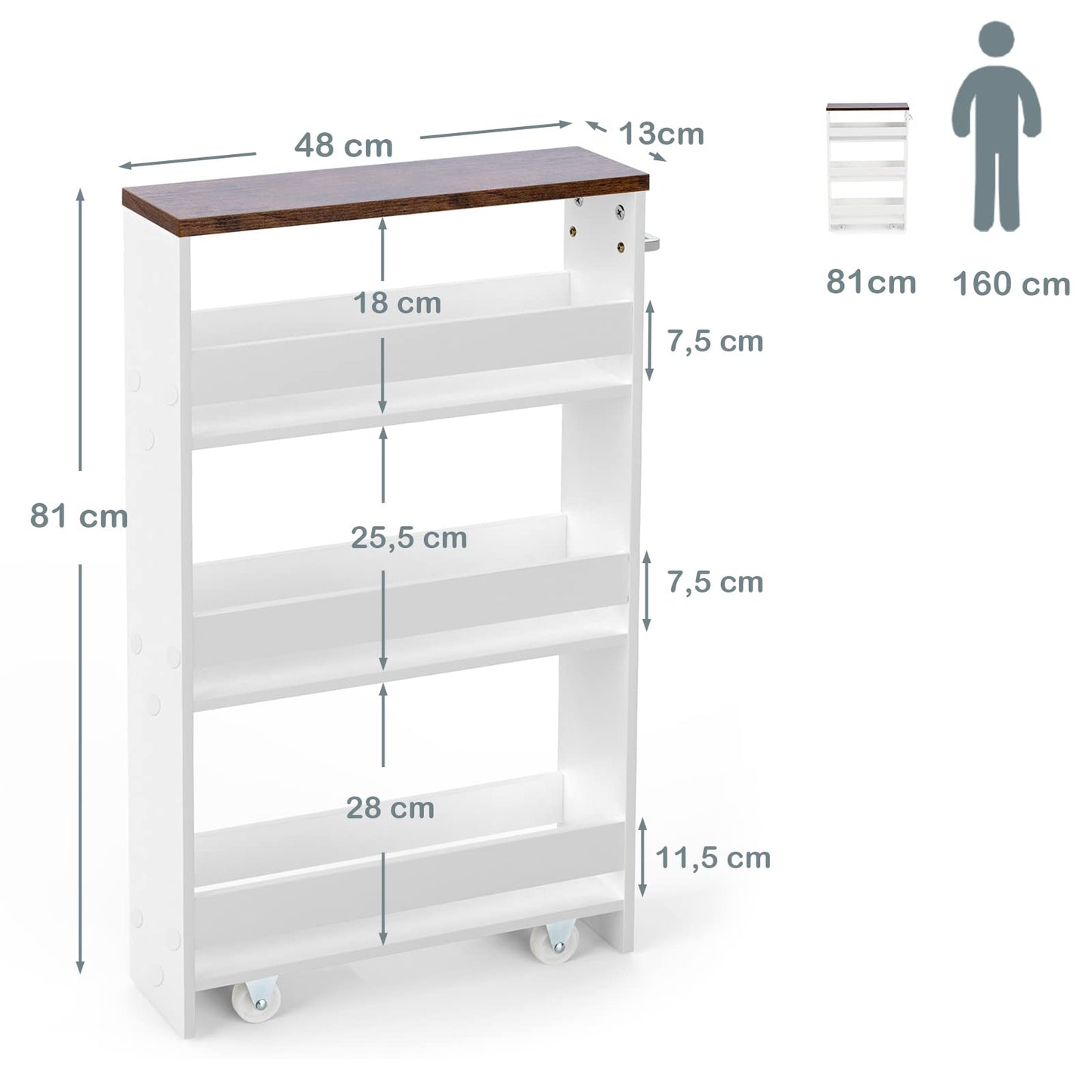 COSTWAY 4-tier rolling narrow kitchen trolley, bathroom shelf with side handle, made of wood, 48 x 13 x 81 cm (white + brown)